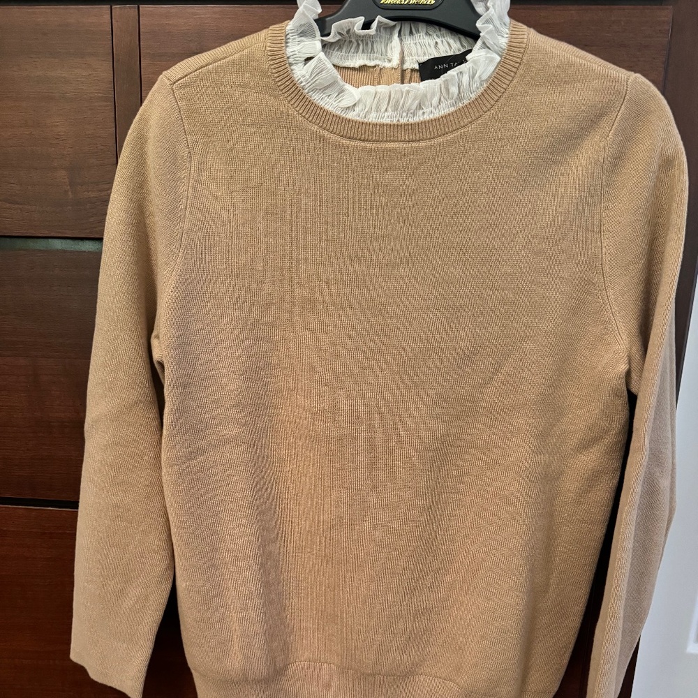 Ann Taylor Chiffon Ruffle Mixed Media Sweater M Petite - tan